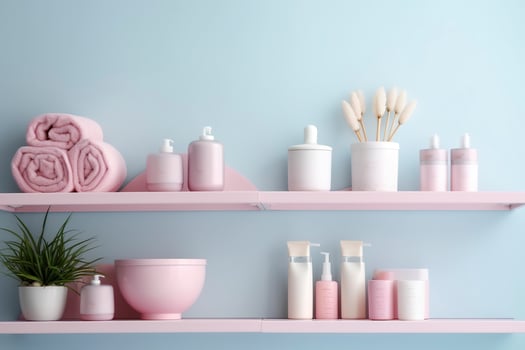 A pastel bathroom shelf with pink skincare products, copy space, banner, pink and pastel blue bright palette, barbiecore. AI Generative photo