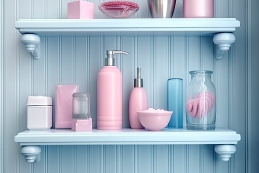 A pastel bathroom shelf with pink skincare products, copy space, banner, pink and pastel blue bright palette, barbiecore. AI Generative photo