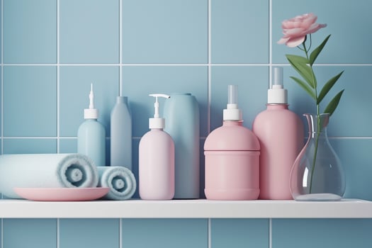 A pastel bathroom shelf with pink skincare products, copy space, banner, pink and pastel blue bright palette, barbiecore. AI Generative photo