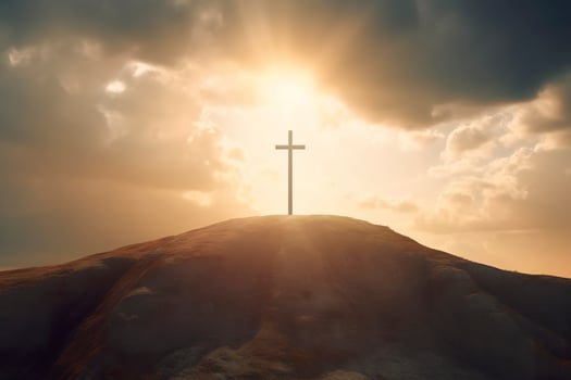 The cross of God in the rays of the sun. Cross on the hill. Religious concept. AI Generative photo