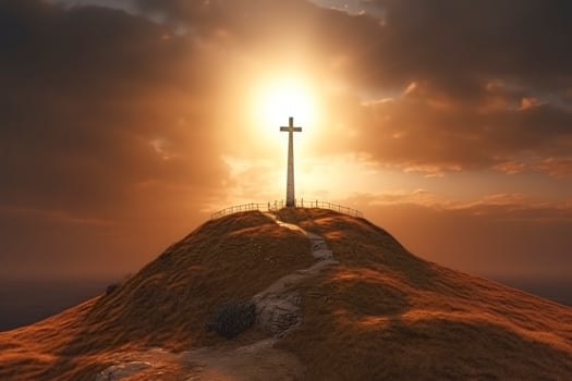 The cross of God in the rays of the sun. Cross on the hill. Religious concept. AI Generative photo
