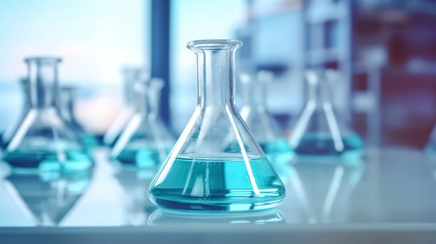 A Science Beaker in the laboratory on a table white and light blue background. laboratory equipment out of focus. AI Generative photo