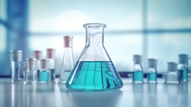 A Science Beaker in the laboratory on a table white and light blue background. laboratory equipment out of focus. AI Generative photo
