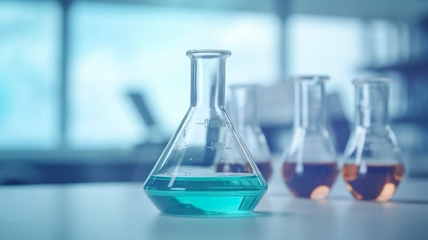 A Science Beaker in the laboratory on a table white and light blue background. laboratory equipment out of focus. AI Generative photo