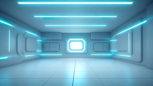 Empty Wall in a Futuristic Sci Fi Living Room with Light Yellow, Light Cyan, and Light Blue Neon. AI Generative photo