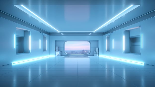 Empty Wall in a Futuristic Sci Fi Living Room with Light Yellow, Light Cyan, and Light Blue Neon. AI Generative photo