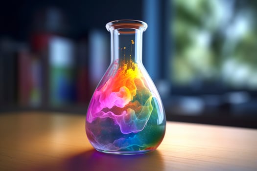 Close Up of a Science Beaker Filled with Multi Colored Liquids. AI Generative photo