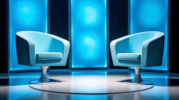 The Future of Game Shows. A Simple, Modern Setting with Two Chairs and a Whole Lot of Fun. AI Generative photo