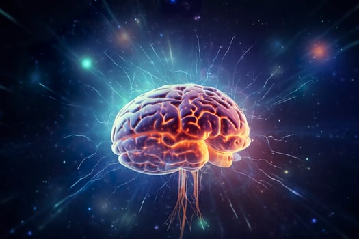 Active neurons in the brain, close up view. Scientific Generative illustration. AI Generative photo