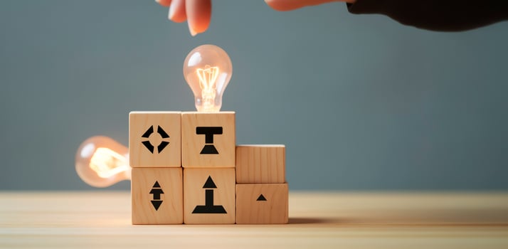 Creative idea, solution and innovation concept. Idea generation for business development. Wooden cube blocks with light bulb and cycle icons on clean background and copy space. AI Generative photo