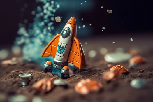 Toy rocket takes off business and finances success concept. AI Generative photo