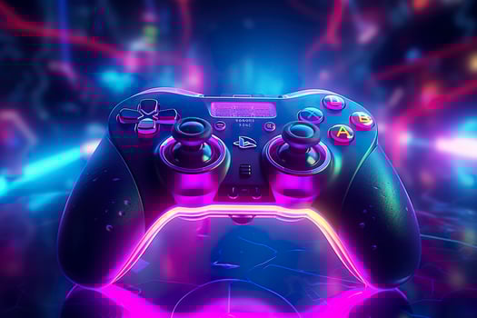 Video game controller with bright neon light streaks. Computer gamer background, 3D octane render. Game concept ideas.  AI Generative photo