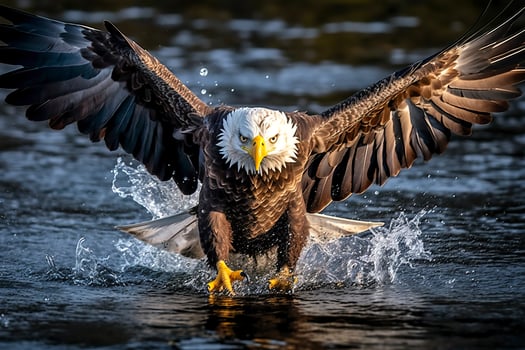 Fishing Bald Eagle, a bald eagle facing camera catches a fish out of the water, in the style of National Geographic contest winner, super telephoto close up. AI Generative photo