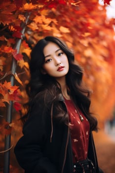 photo of emotional dynamic pose Asian woman in autumn AI Generative