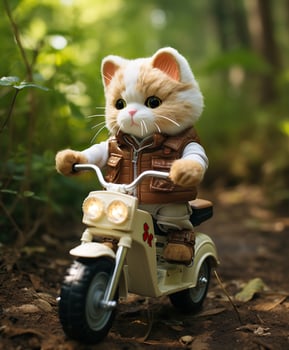a toy cute cat on a minibike riding through a forest photo