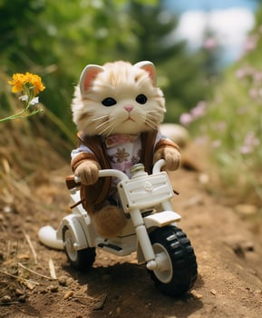 a toy cute cat on a minibike riding through a forest photo