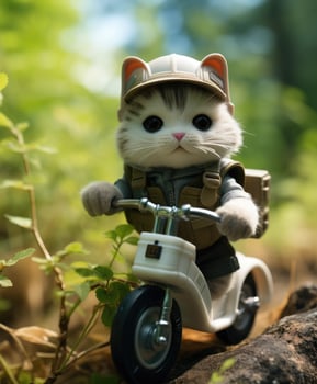 a toy cute cat on a minibike riding through a forest photo