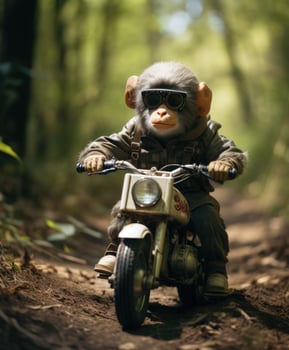 a chimpanzee on a minibike riding through a forest photo