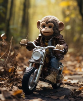 a chimpanzee on a minibike riding through a forest photo