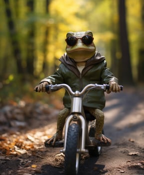 a cute frog on a minibike riding through a forest photo
