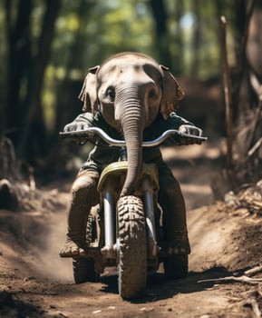 a cute baby elephant on a minibike riding through a forest photo