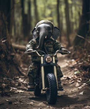 a cute baby elephant on a minibike riding through a forest photo