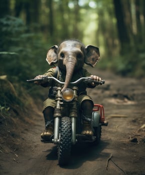 a cute baby elephant on a minibike riding through a forest photo