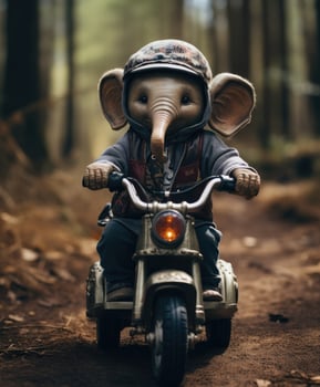 a cute baby elephant on a minibike riding through a forest photo