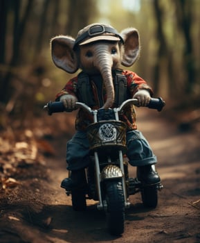 a cute baby elephant on a minibike riding through a forest photo