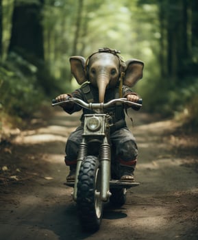 a cute baby elephant on a minibike riding through a forest photo