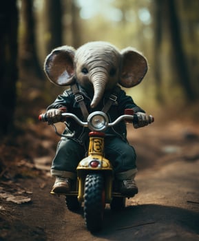 a cute baby elephant on a minibike riding through a forest photo
