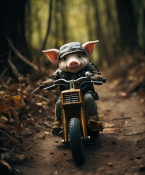 a cute pig on a minibike riding through a forest photo