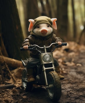 a cute pig on a minibike riding through a forest photo