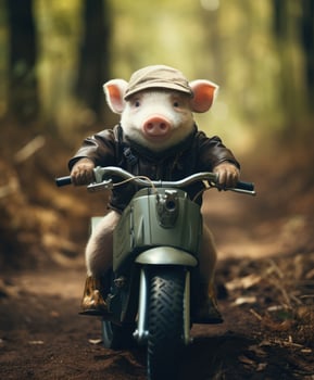 a cute pig on a minibike riding through a forest photo