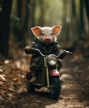 a cute pig on a minibike riding through a forest photo