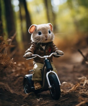 a cute bunny on a minibike riding through a forest photo