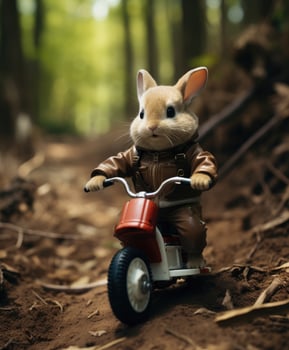 a cute bunny on a minibike riding through a forest photo
