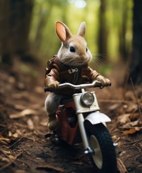 a cute bunny on a minibike riding through a forest photo