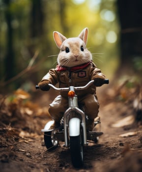 a cute bunny on a minibike riding through a forest photo
