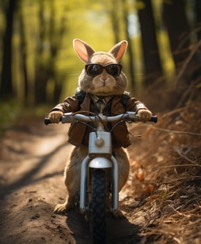 a cute bunny on a minibike riding through a forest photo