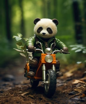 a cute panda on a minibike riding through a forest photo
