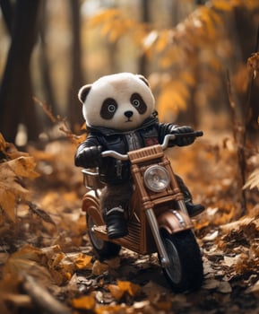 a cute panda on a minibike riding through a forest photo