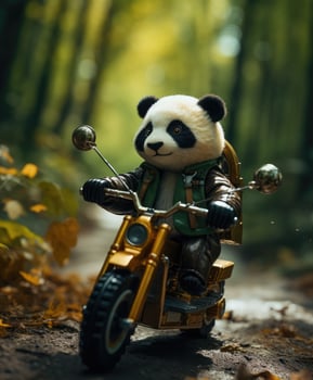 a cute panda on a minibike riding through a forest photo