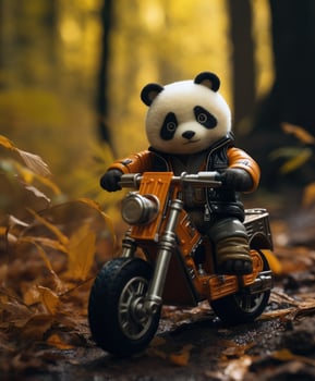 a cute panda on a minibike riding through a forest photo