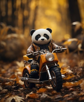 a cute panda on a minibike riding through a forest photo