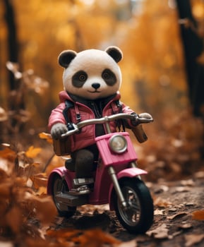 a cute panda on a minibike riding through a forest photo