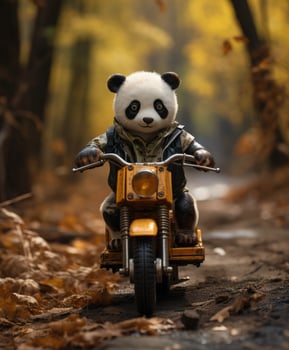 a cute panda on a minibike riding through a forest photo