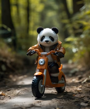 a cute panda on a minibike riding through a forest photo