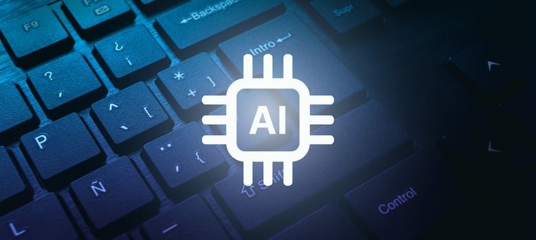 Banner photo of computer keyboard close up with AI chip virtual interface. Chat concept AI. Artificial Intelligence. Futuristic technology transformation. Write a prompt to generate images.