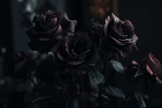 AI generated Black roses dark moody romantic background. Close-up flowers card backdrop. Ai generated photo